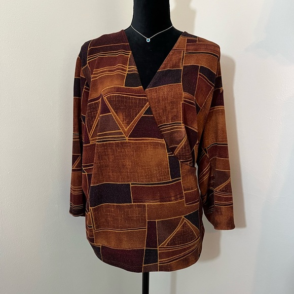 Y2K 3X shirt blouse 22/24 Brown abstract Trending Fall 2024 Twee v-neck wrap top - Picture 4 of 10
